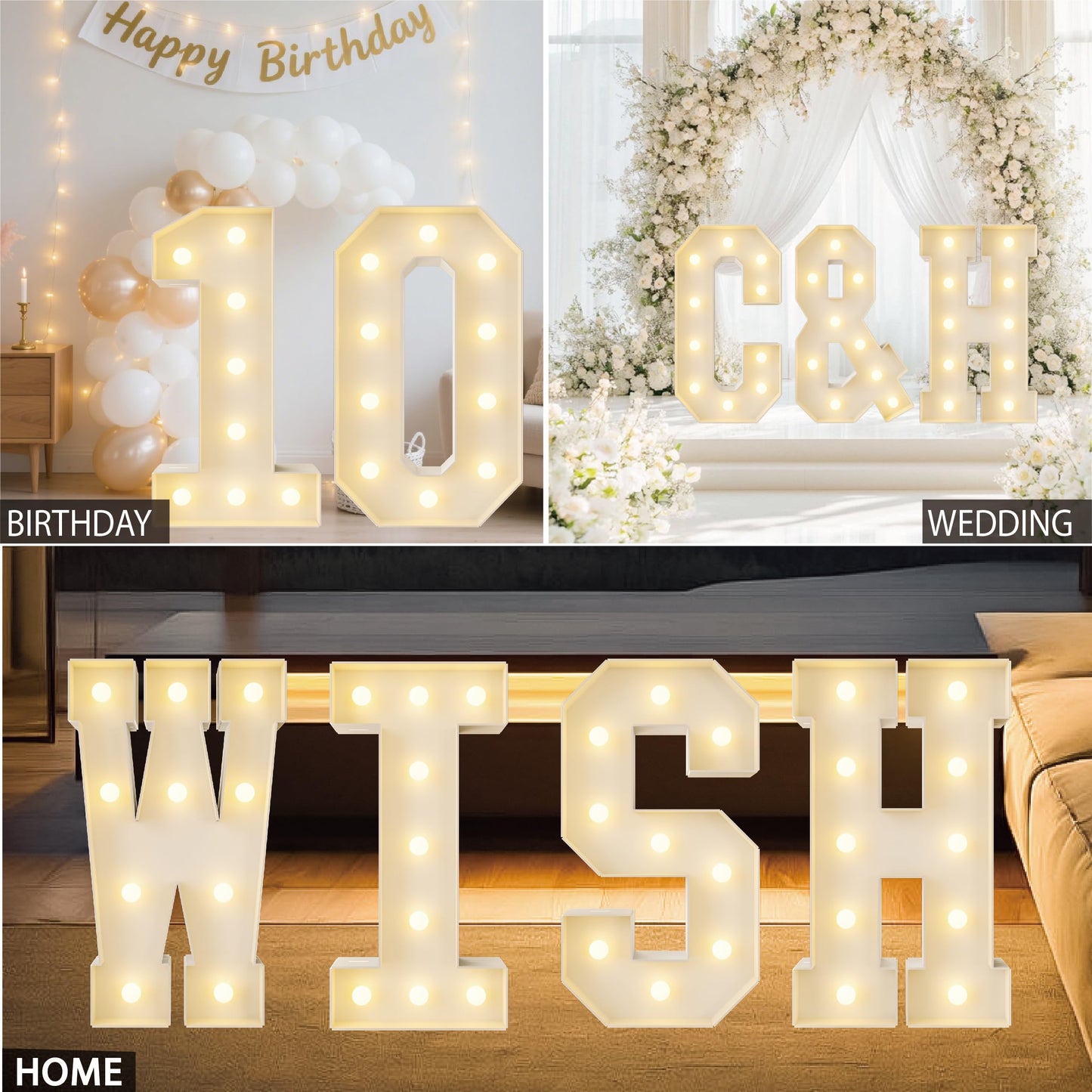 HXWEIYE Big Light Up Letters &，3FT Large Marquee Letters with lights, Mosaic Balloon Frame, Giant Baby Letter for baby shower Birthday Graduation Engagement Party Wedding Christmas Decor (Warm White)