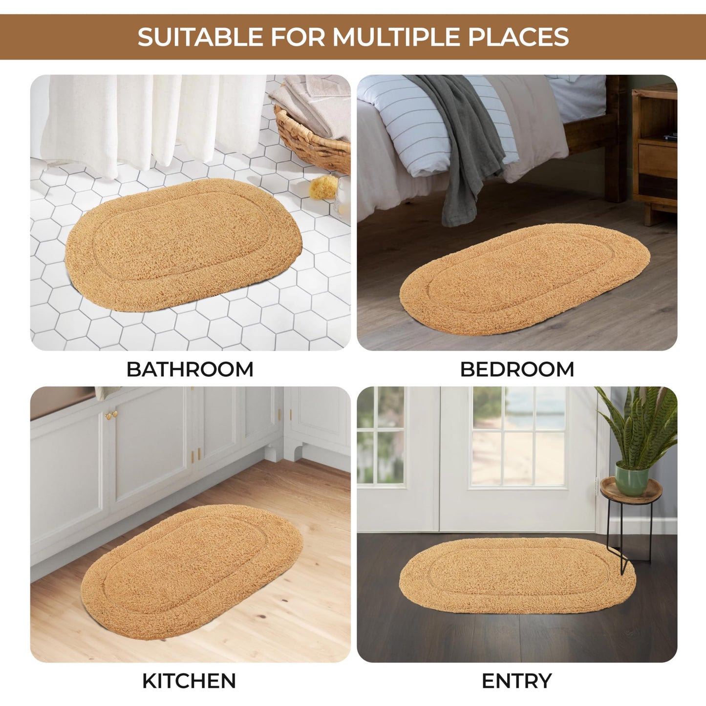 Superior Non-Slip 2 Piece Bath Rug Set, Ultra Plush, Soft and Absorbent 100% Combed Cotton Pile - Traditional Oval Bath Mat Set, Toast