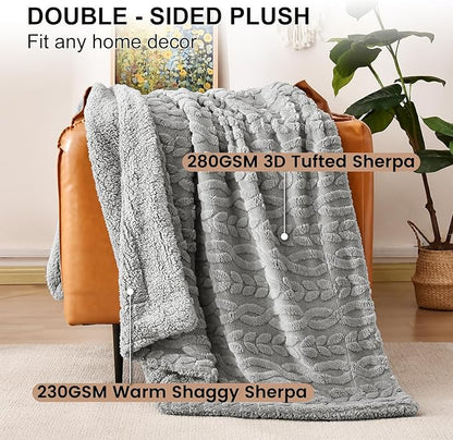 PHF Fluffy Sherpa Blanket King Size for Winter, Warm and Soft, 510GSM 3D Jacquard Thick Shaggy Fleece Plush Blanket for Sofa Bed, Grey, 108"x90"
