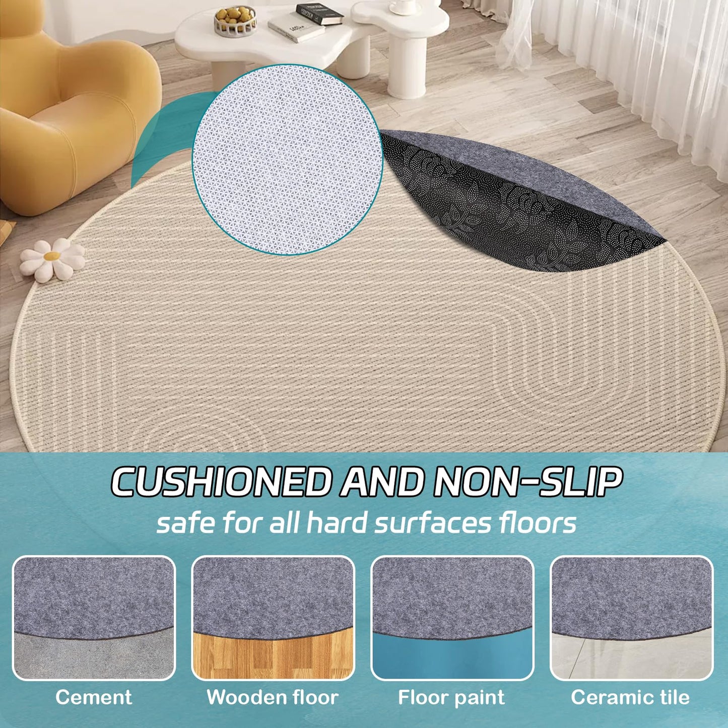 Waterproof Rug Pad Round 1/8 Thick Waterproof Non-Slip Rug Pad, Pad for Hardwood Floors,Rug Pads for All Floors and Finishes, Keeps Carpets in Place Soft and Safe（6FT）