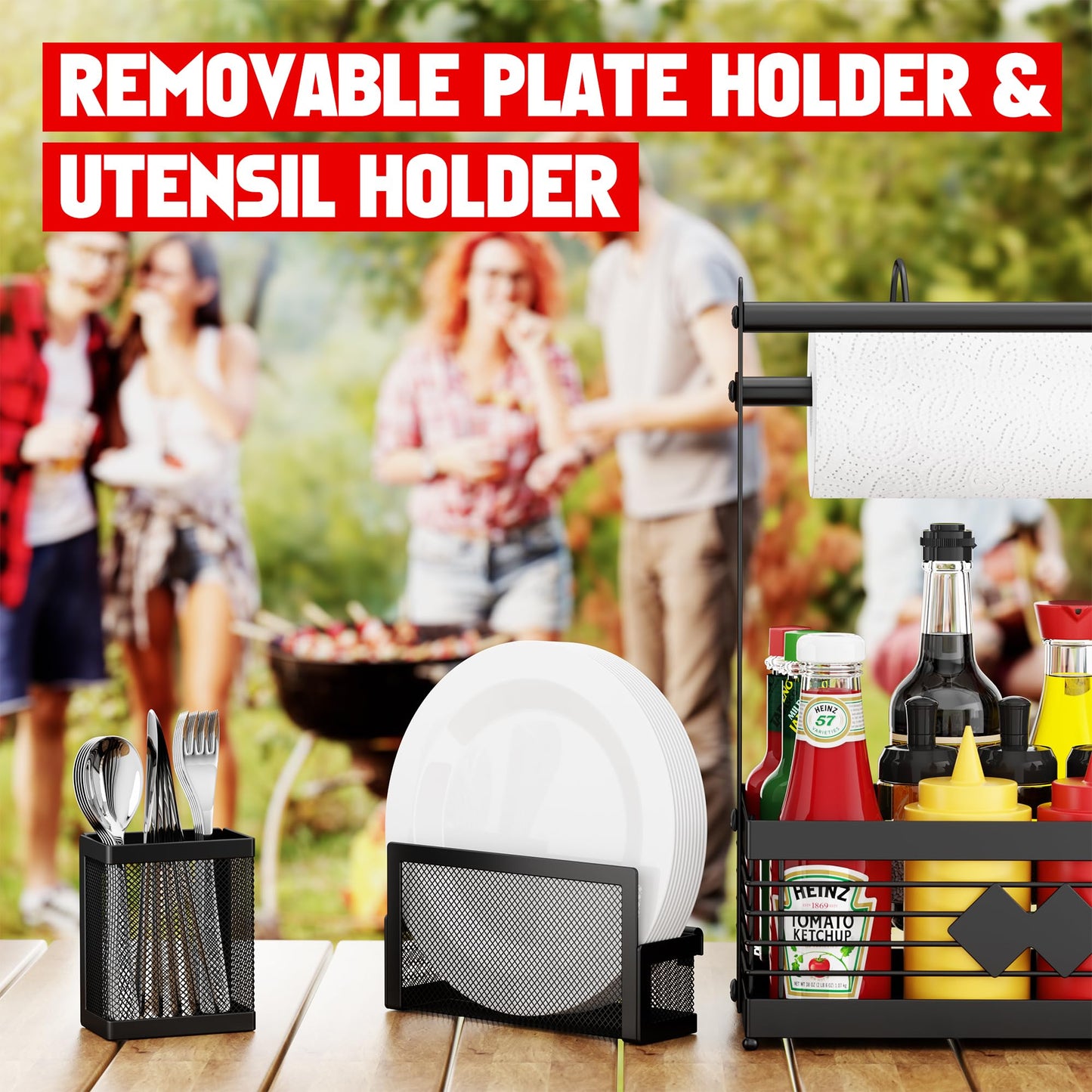 Grill Caddy for Outdoor Grill, BBQ Caddy with Camping Paper Towel Holder and Plate Holder, Picnic Utensil Condiment Kitchen Organizer for Camper, RV Patio Tailgate Essentials, Grilling Gifts for Men