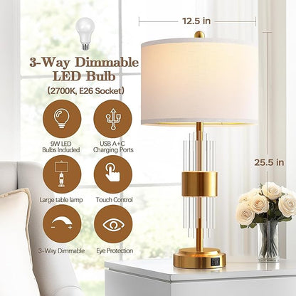 QiMH Gold Table Lamp for Living Room with USB A+C Ports, Bedside Lamps for Bedrooms with Touch Control USB Ports, Modern Nightstand Lamp White Lamp Shade Home Light Decor (2700K LED Bulb Included)