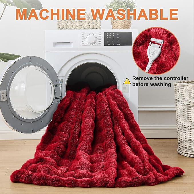 Heated Blanket Electric Throw Blanket 62''X 84''-Heating Blanket with 6 Heat Settings-10 Hours Auto Off,Cozy Faux Rabbit Fur Bubble Electric Blanket,Red