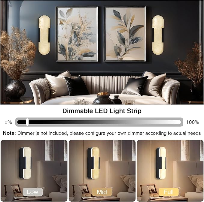 13.8 inch Black Alabaster Wall Sconces Set of 2, Natural Marble Wall Lighting, Bedside Wall Lamp, Indoor Vanity Light Fixtures for Hallway, Bathroom Living Room (Including LED)