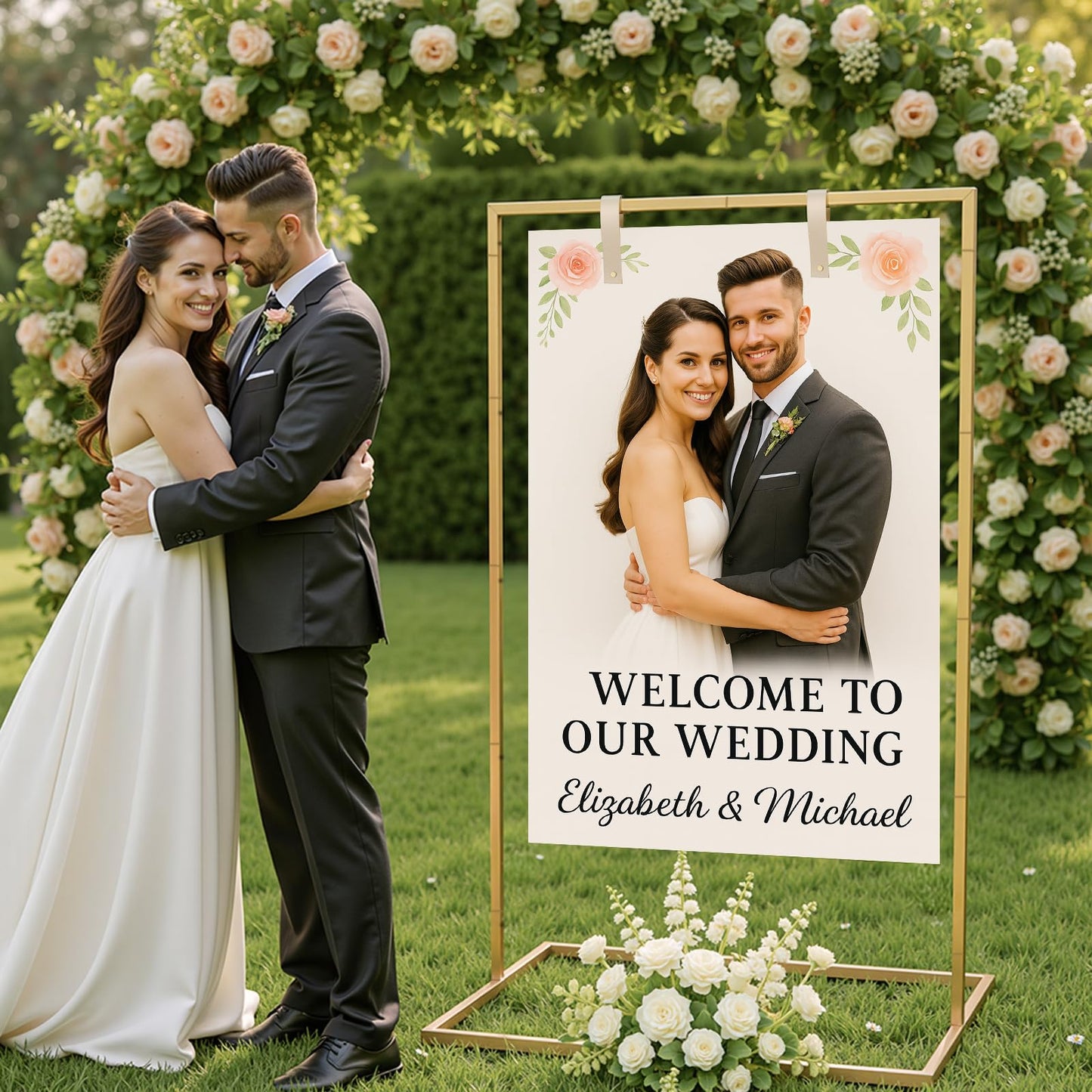 FamilyKit Wedding Welcome Sign Stand, Welcome to Our Wedding Sign Stand with Storage Bag and Leather Straps for Hanging, Adjustable Wedding Sign Holder for Wedding, Birthday, Anniversary, Christmas