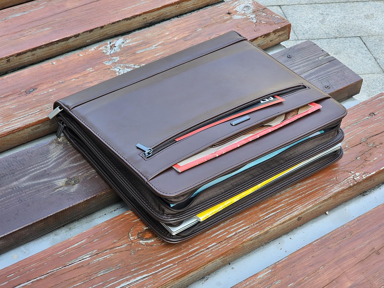 14" Laptop Briefcase, Vegan Leather Portfolio with Zipper Compartments x 2, A4 Papers Holder Padfolio Organizer, Brown