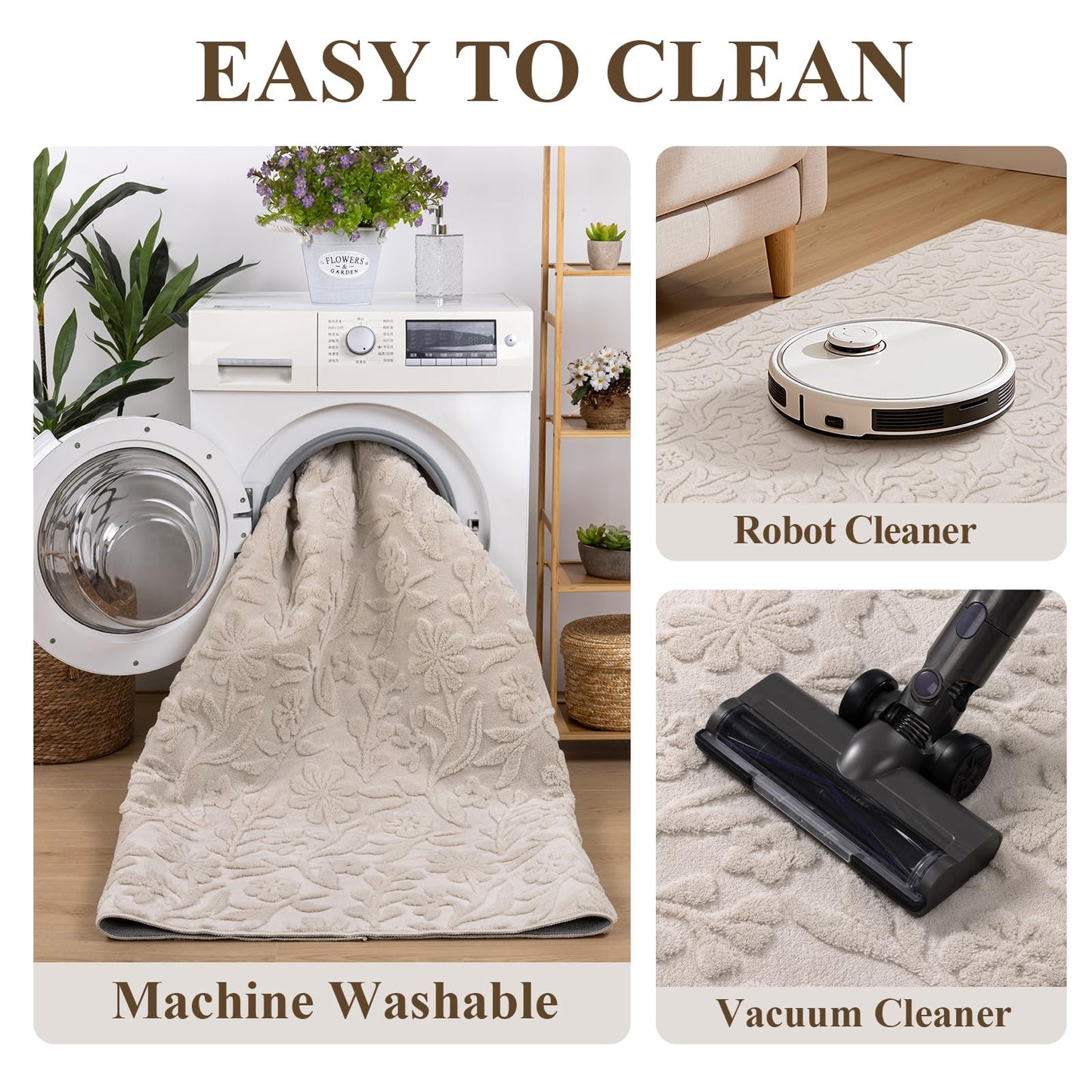 Vaukki 5x7 Area Rug for Living Room, Soft Fluffy Washable Modern Floral Indoor Floor Mat, Non Slip Shaggy Boho Accent Throw Carpet for Bedroom, Living Room, Nursery and Dining Room, Beige