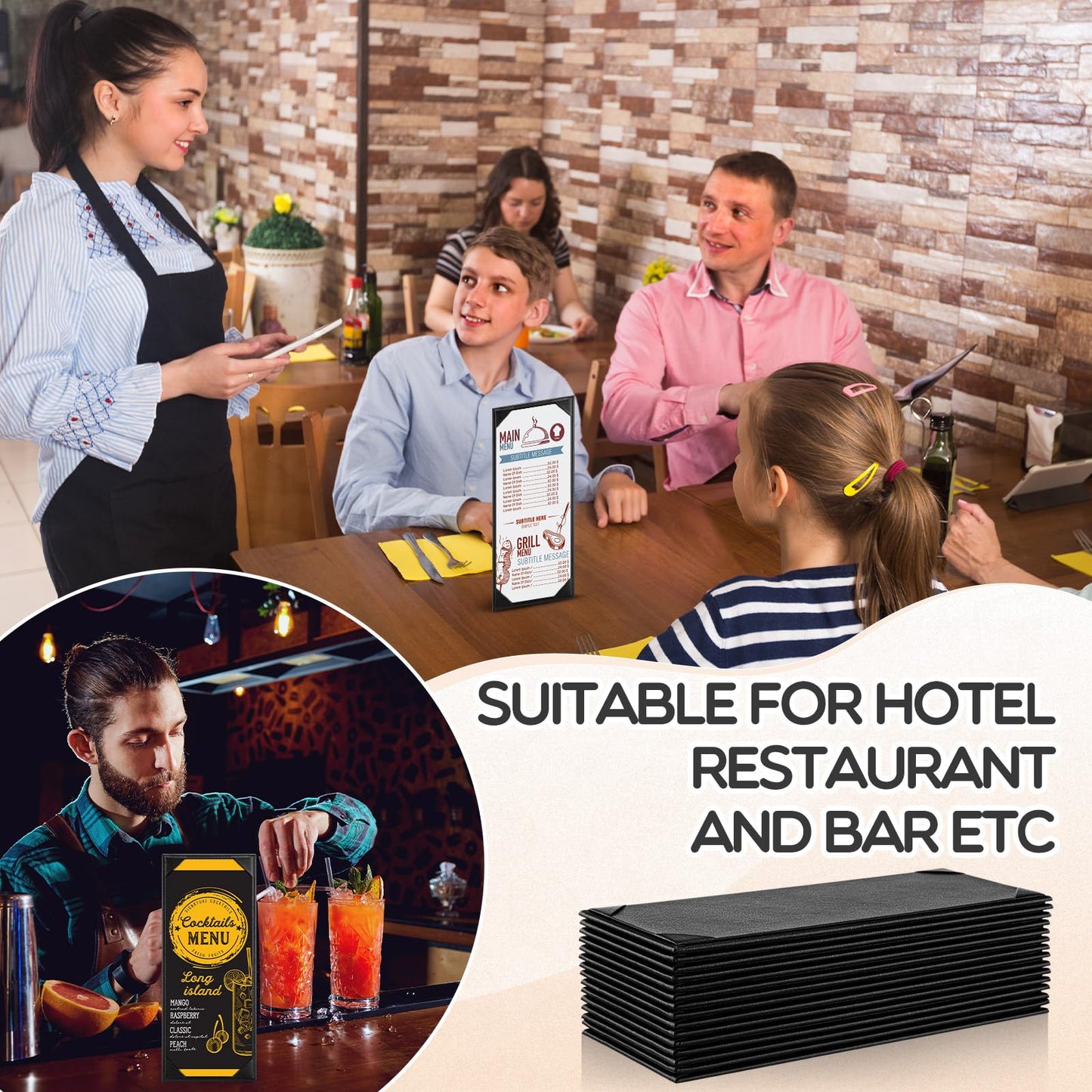 GlikCeil 16 Pcs Restaurant Leather Menu Holders Single Panel Menu Covers for Wine Drinks List 4.25 x 11 Inch Black Menu Book Cover with Angled Corners for bar Hotel Coffee, Single View