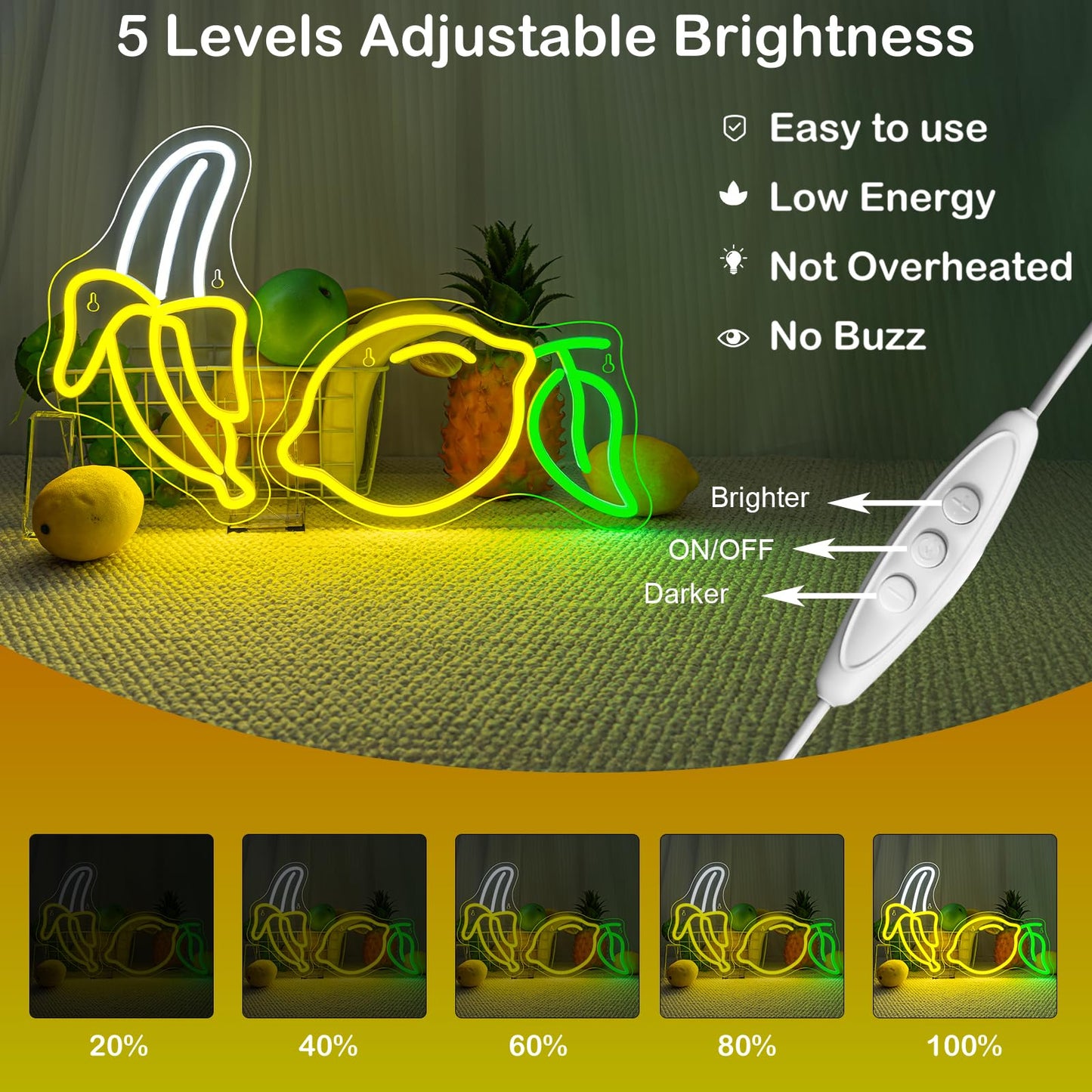 Banana and Lemon Neon Sign Set of 2 （1 Banana Light+1 Lemon Light）Fruit Neon Lights for Wall Decor, Kids Room, USB Powered Acrylic Neon Art for Bedroom Classroom