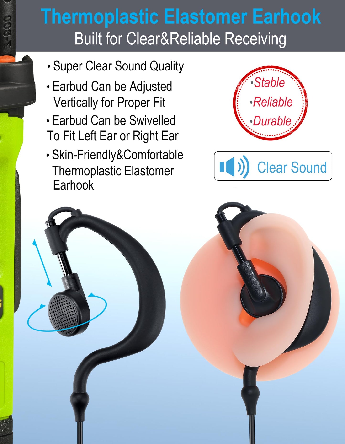 commountain XPR 3500e XPR 3300e Earpiece with Mic Compatible for Motorola Radios XPR3300e XPR3500e XPR3300 XPR3500, G Shape Headset with PTT Microphone, Fit Left or Right Ear