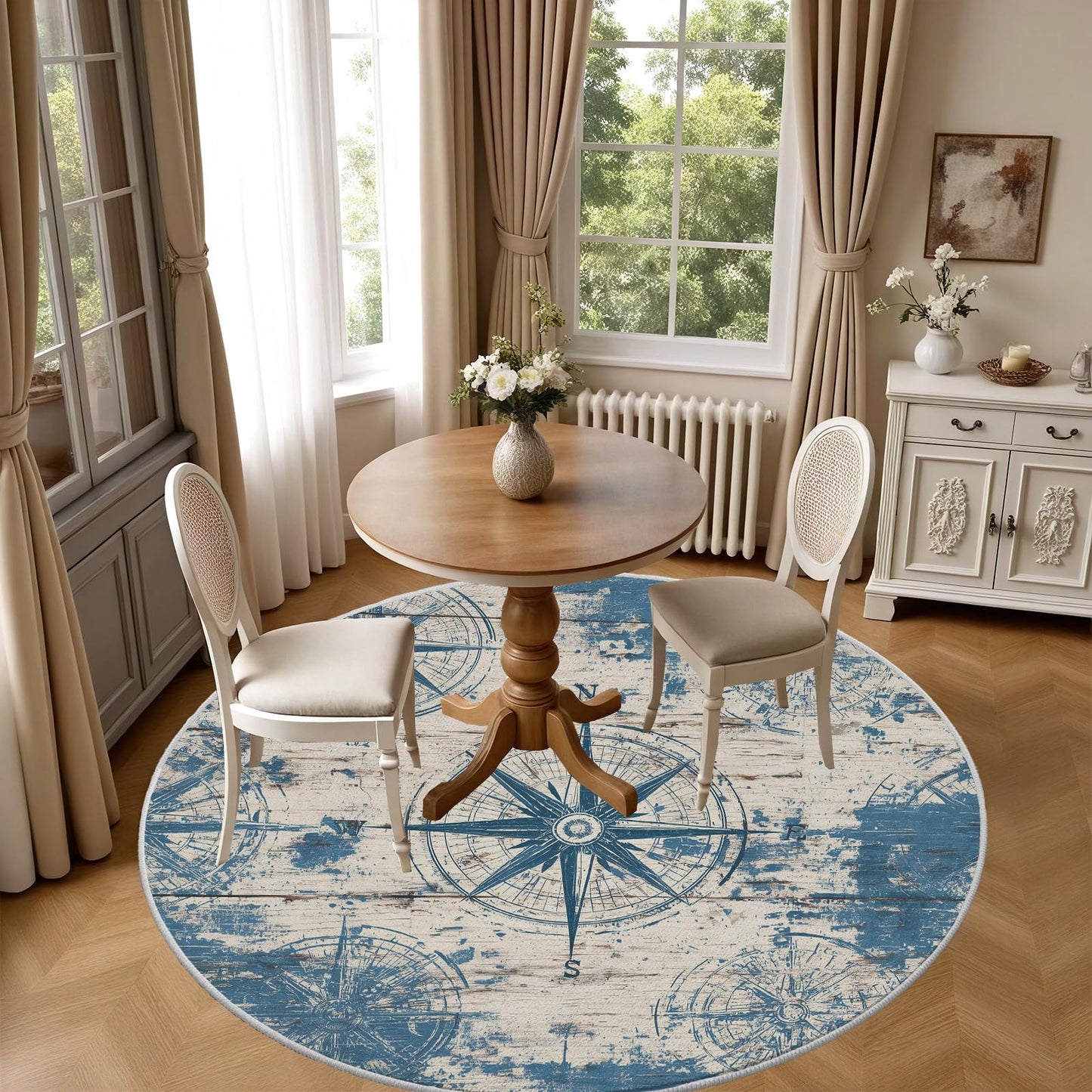 Naval Compass (Blue) Round Rug 4 ft Round Washable Area Rug Indoor Floor Cover Shabby Chic Wooden Planks Circle Mat Round Rugs Non Slip Low Pile Carpet for Entryway Living Room Bedroom