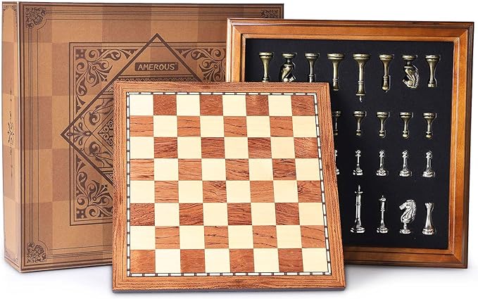 AMEROUS Wooden Chess Board Set with Pieces Storage for Adults Kids 12.5 Inch Chess Set with Metal Pieces Unique Chess Game for Tournament Professional Beginner