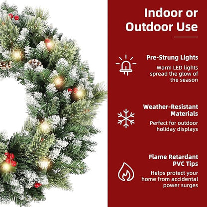 24 Inch Christmas Wreaths for Front Door with Lights,Lighted Artificial Flowering Pine Door Wreath,Prelit Faux Green Winter Wreath with Pine Cones and Red Berry for Indoor Outdoor Decor