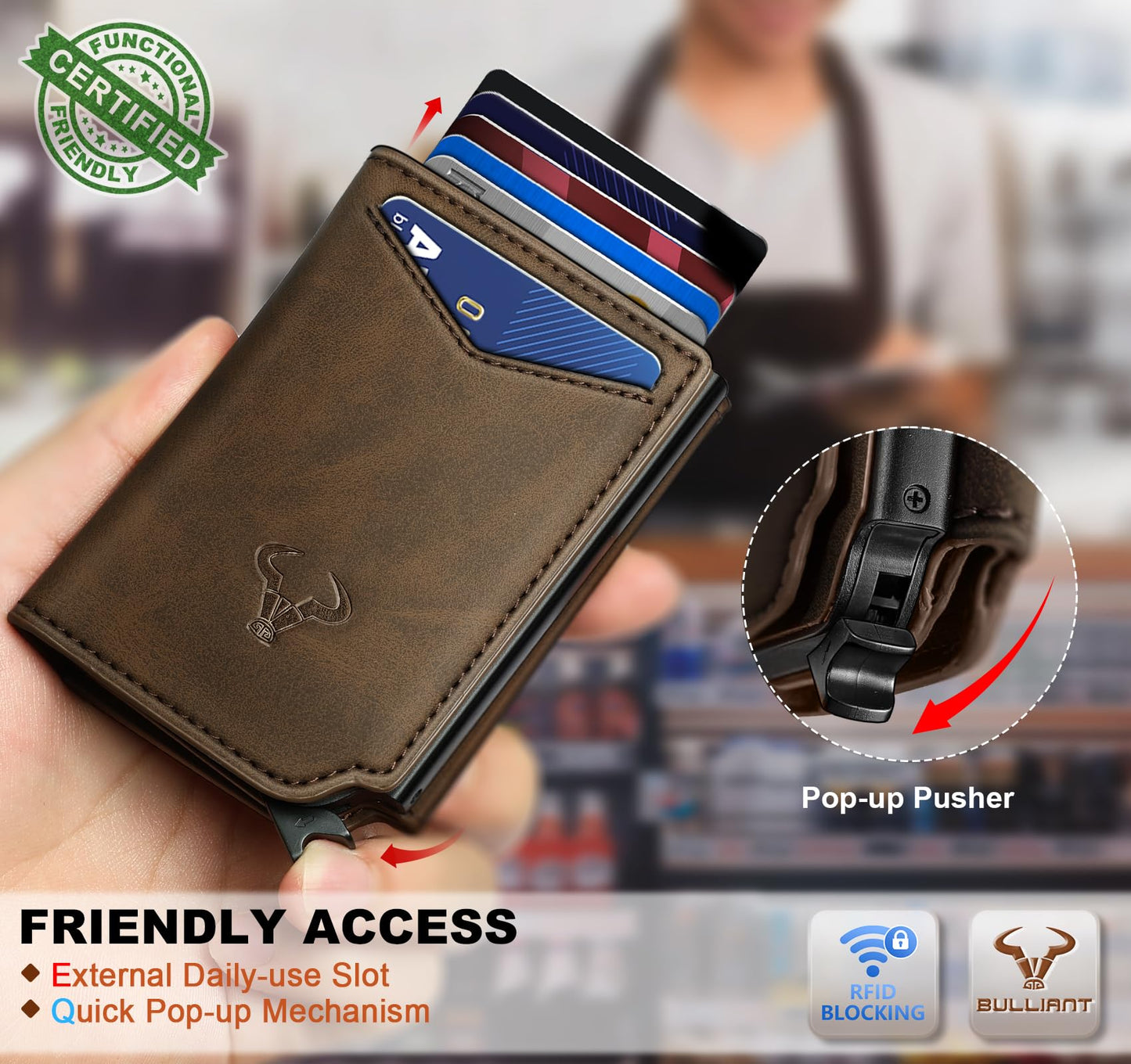 BULLIANT Men Wallet Leather Wallet Card Holders Money Clip for Men 10Cards-Magnetic Flip on Metal Case