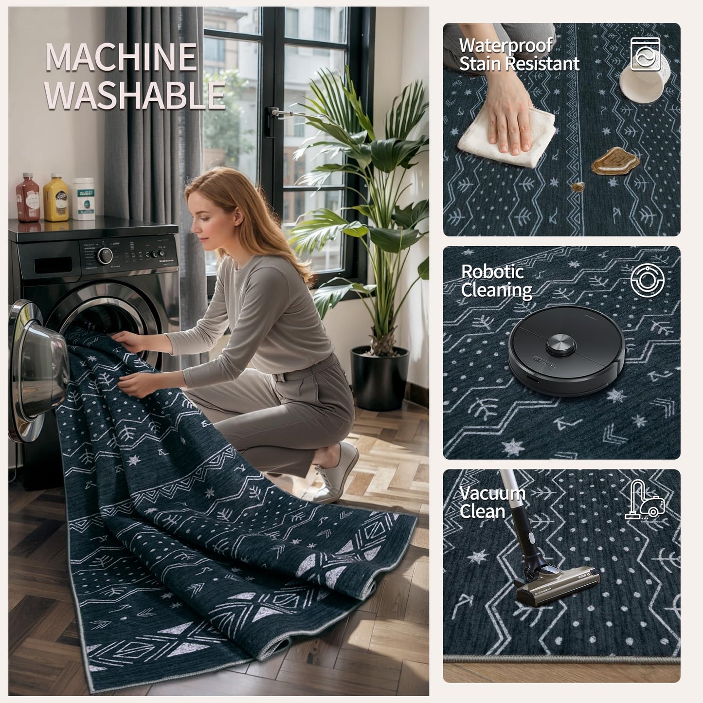 SERISSA 5x7 Area Rugs for Living Room, Washable Non-Slip Grey Boho Rug, Soft Low-Pile Geometric Indoor Large Carpet for Dining Room Bedroom Home Office Playroom