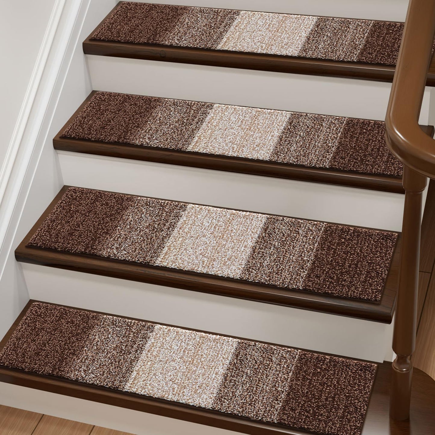 OLANLY Stair Treads Non Slip 4PCS, 8" x 30" Indoor Stair Runners for Wooden Steps, Edging Stair Rugs with Reusable Peel and Stick Adhesive for Kids Elders and Pets, Brown