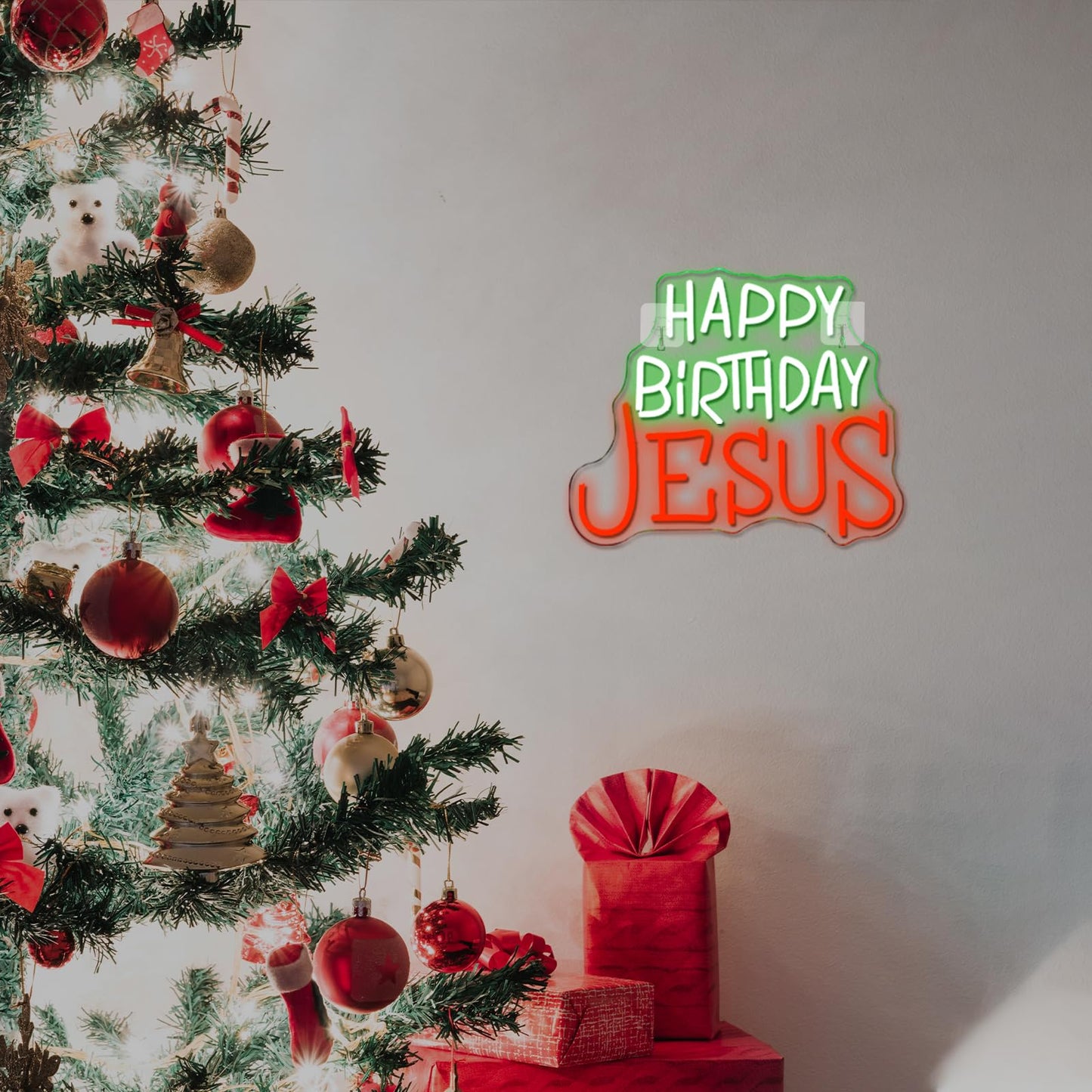 Looklight Happy Birthday Jesus Neon Sign Christmas Neon Signs for Wall Decor Red Green LED Light USB Light Up Signs for Inspirational Christian Decor for Homes Offices Churches Christmas Gifts