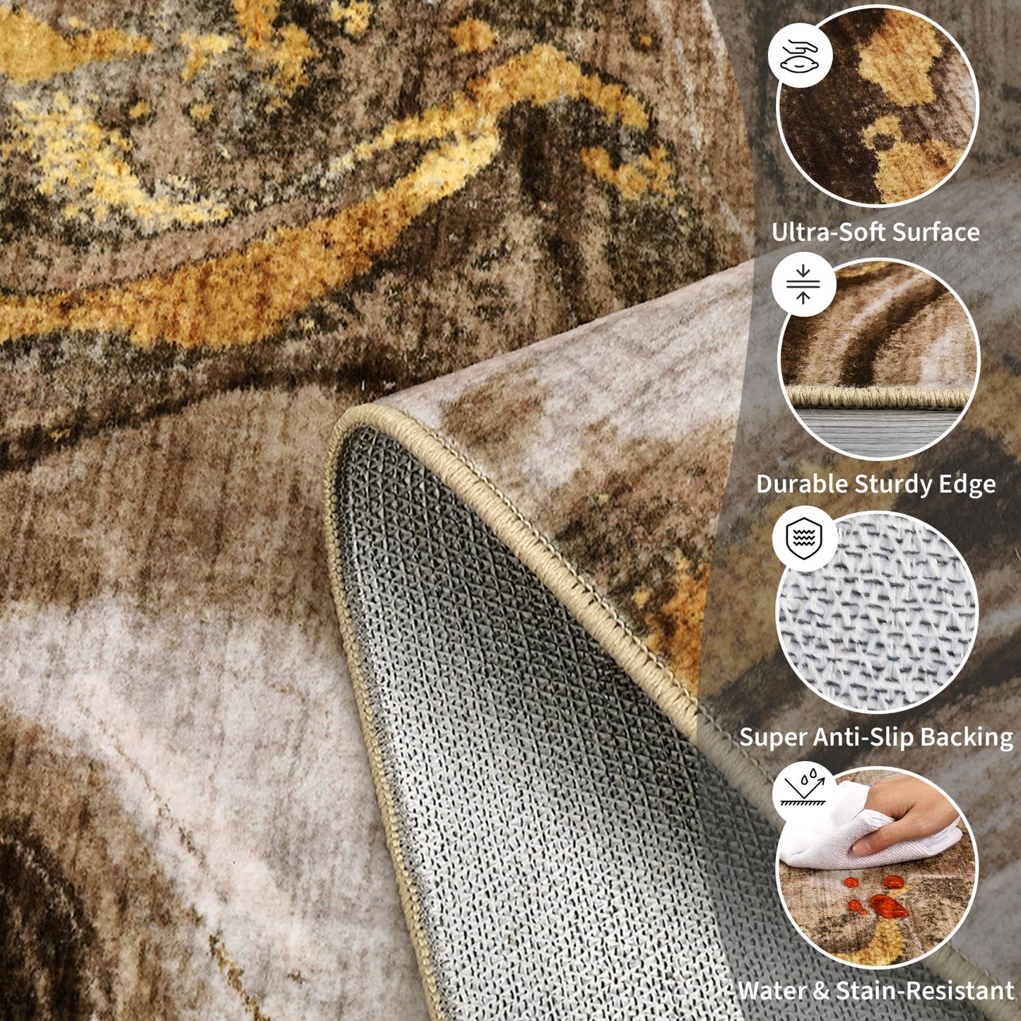 GarveeHome Modern Washable Rugs 5x7 Neutral Abstract Throw Rugs, Non-Slip Abstract Accent Carpet with Marble Swirl Pattern, Stain-Resistant Low Pile Indoor Carpet Rug for Living Room, Bedroom, Brown