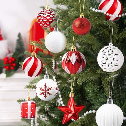 Ouddy Decor 84 Pcs Christmas Tree Ornaments Set, Red and White Christmas Decorations Shatterproof Plastic Glittery Baubles for Wreath Garland Wedding Party Holiday New Year Home Decor, Red & White