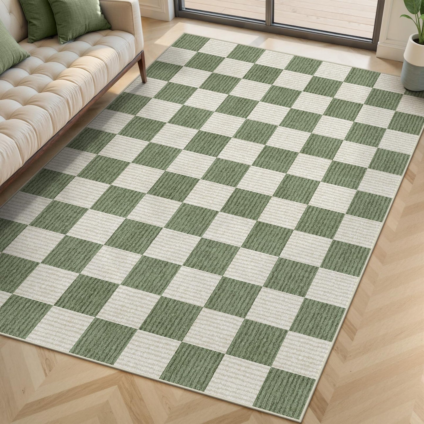 LIVEBOX 4x6 Washable Area Rug Checkered, Non-Slip Small Entryway Rug Green Farmhouse Neutral Geometric Kids Boys Rug for Bedroom Living Room Low-Pile Carpet for Classroom Playroom(Sage Green 4'x6')