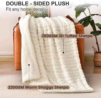 PHF Fluffy Sherpa Blanket King Size for Winter, Warm and Soft, 510GSM 3D Jacquard Thick Shaggy Fleece Plush Blanket for Sofa Bed, Cream, 108"x90"
