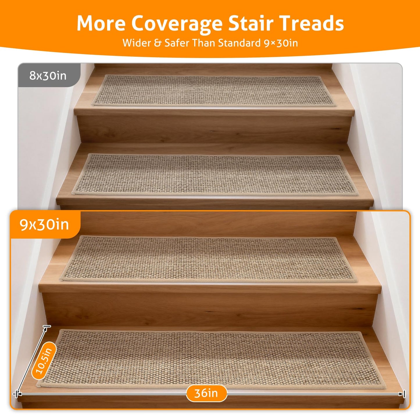 WICHEMI Stair Treads for Wooden Steps Indoor, 9"x30" Peel and Stick Stair Treads Non Slip 15 Pack Carpet Stair Treads with Reusable Adhesive for Dogs Kids Elder, Beige