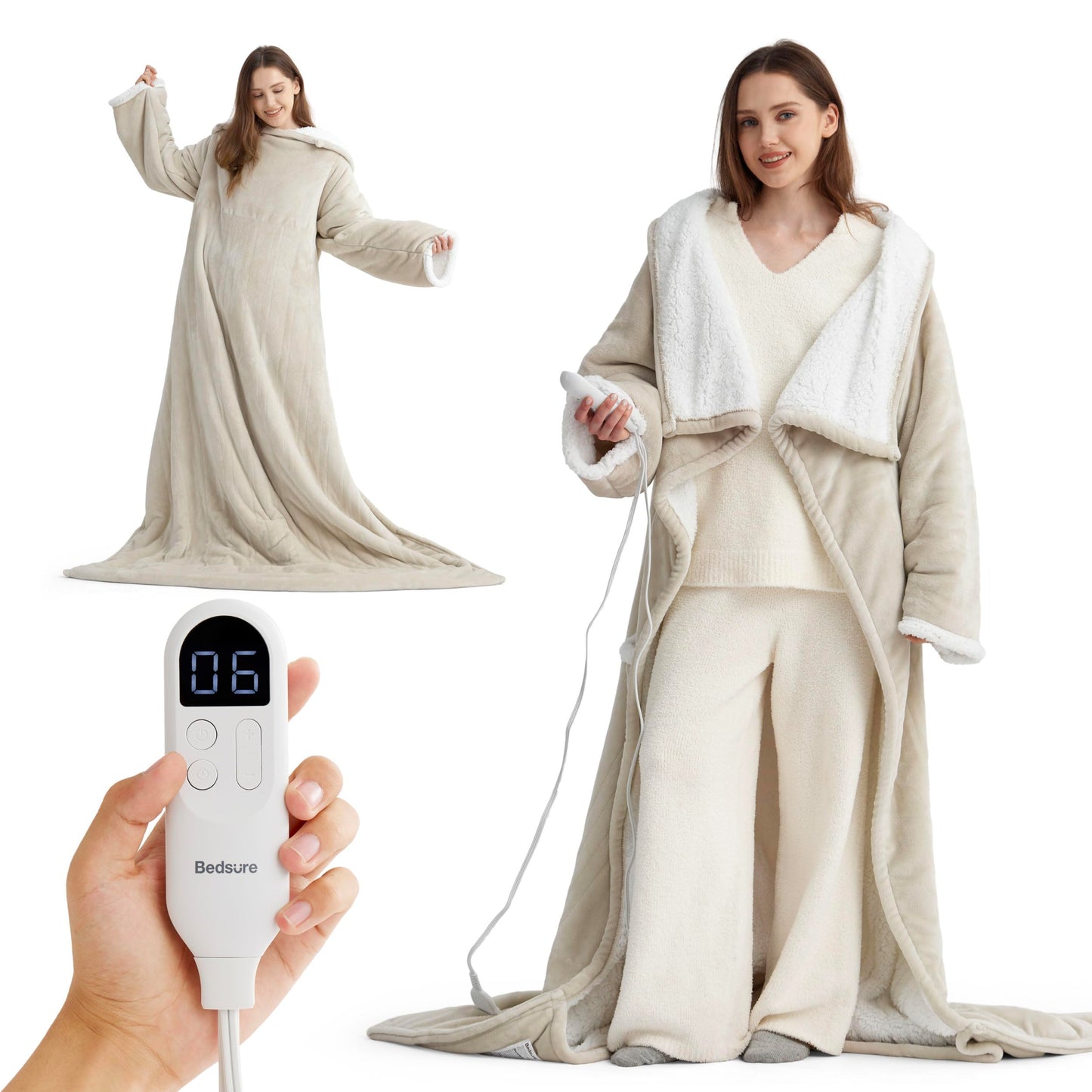 Bedsure Heated Blanket Wearable Shawl - Electric Wrap Poncho Blanket Hoodie for Adult, Birthday Gifts for Mom Women, Sherpa Heating Throw with 4 Time Settings & 6 Heat Settings, 55x64 inches, Grey