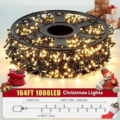Hishine Outdoor Christmas Lights 164FT 1000LED, String Lights Indoor 8 Modes Waterproof Plug in Christmas Tree Light for Holiday, Warm White