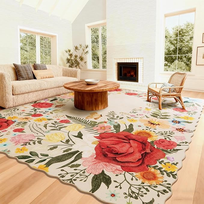 Washable Rugs for Living Room: 8x10 Area Rugs for Bedroom Soft Ultra Thin Stain Resistant Non Slip Low Pile Lightweight Vintage Floral Carpet for Dining Room Decor (Beige)