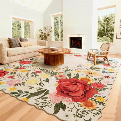 Washable Rugs for Living Room: 8x10 Area Rugs for Bedroom Soft Ultra Thin Stain Resistant Non Slip Low Pile Lightweight Vintage Floral Carpet for Dining Room Decor (Beige)