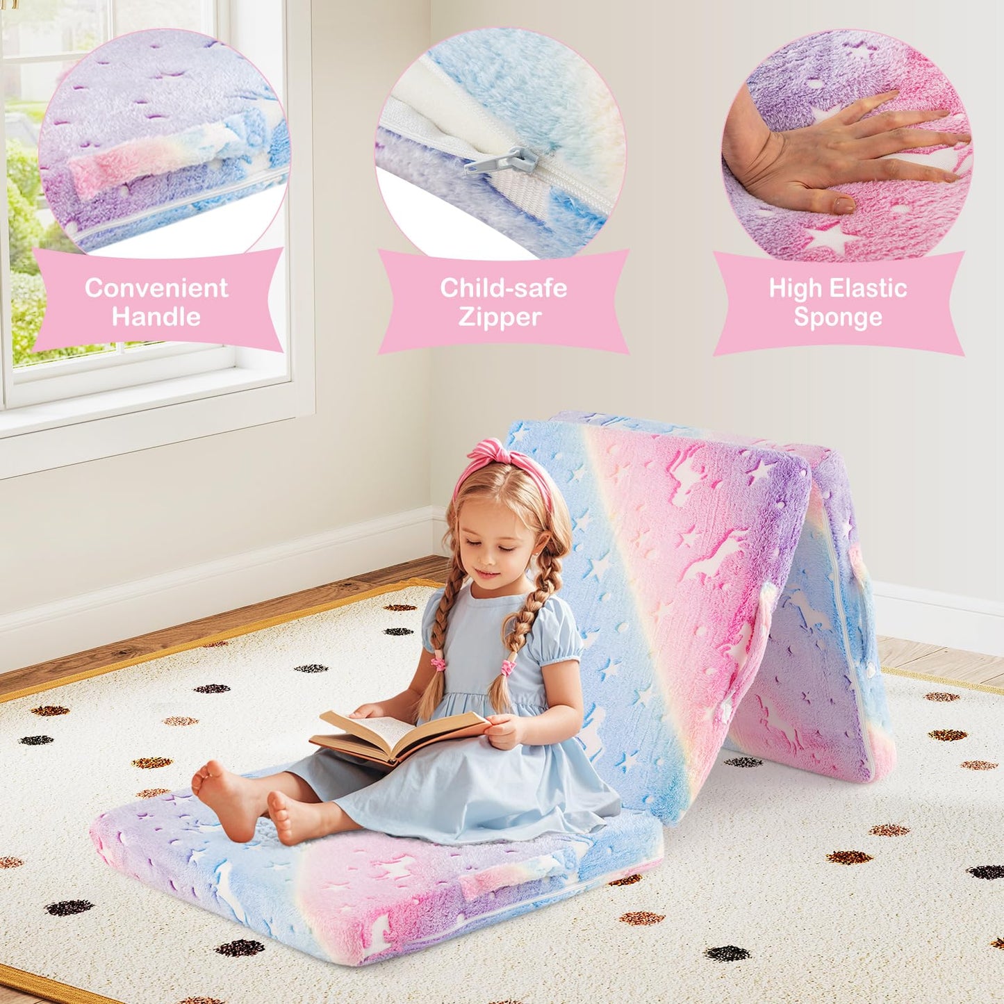 INFANS Foldable Floor Mattress for Kids, Glow in Dark Tri-Folding Nap Mat for Sleeping Daycare, Portable Foam Mattress Floor Futon Bed with Washable Cover, Storage Bag