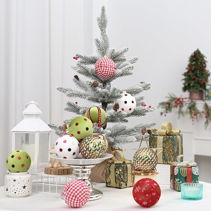 80MM/3.14" Velvet Christmas Ball Ornaments, 12PCS Shatterproof Flocking Foam Ornaments Set for Christmas Tree Hanging Decorations, for Home Holiday Party Indoor Xmas Decor. (Red/Green/White)