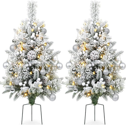 Set of 2 30 Inch Prelit Outdoor Christmas Trees, Artificial Battery Operated Snow Flocked Xmas Tree with Stake, Silver Berries, Pine Cones, Ball Ornaments, 8 Lighting Modes & Timer Included