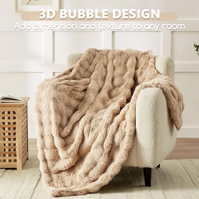 L'AGRATY Faux Rabbit Fur Blanket: 60" x 80" Twin Luxury Soft Fluffy Thick Fur Throw Blanket for Couch Bed - Cozy Plush Bubble Blankets for Winter: Flannel Fleece Decorative Blanket(Milk Tea Brown)