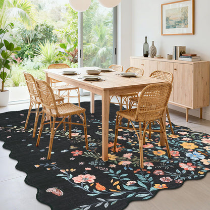 Garvee Large Rugs for Living Room 10x13 Scalloped Floral Rug Washable Rugs Stain Resistant Easy Cleaning Non Slip Floor Cover for Apartment Dining Room Office Nursery, Black