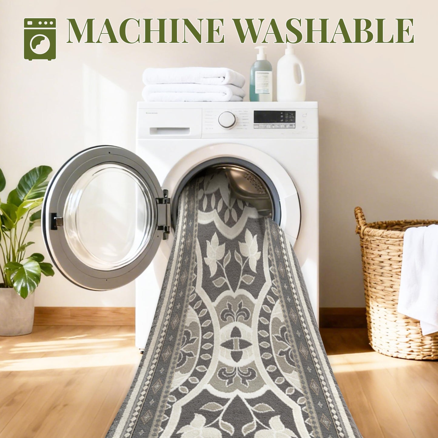 XSYarn Washable 2x6 Runner Rug, Soft Boho Kitchen Hallway Runner Rug TPR Non-Slip Low Pile Farmhouse Floor Mat for Bathroom Laundry Bedroom Grey
