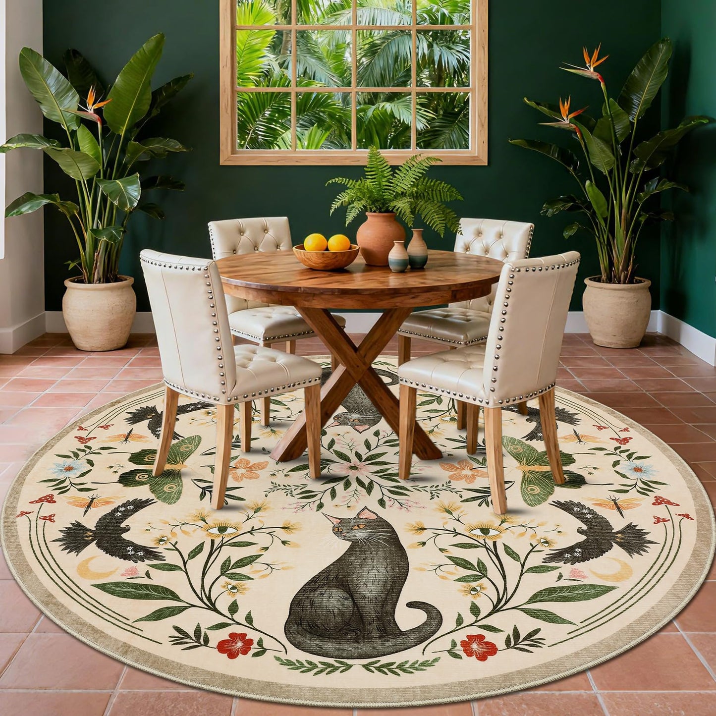 GarveeHome Round Area Rugs 5ft for Bedroom, Cat Beige Washable Circle Rug Soft Non Slip Mushroom Floral Floor Mat Carpet Indoor Thin Rug for Bedroom Dining Room Playroom Nursery Gothic Decor