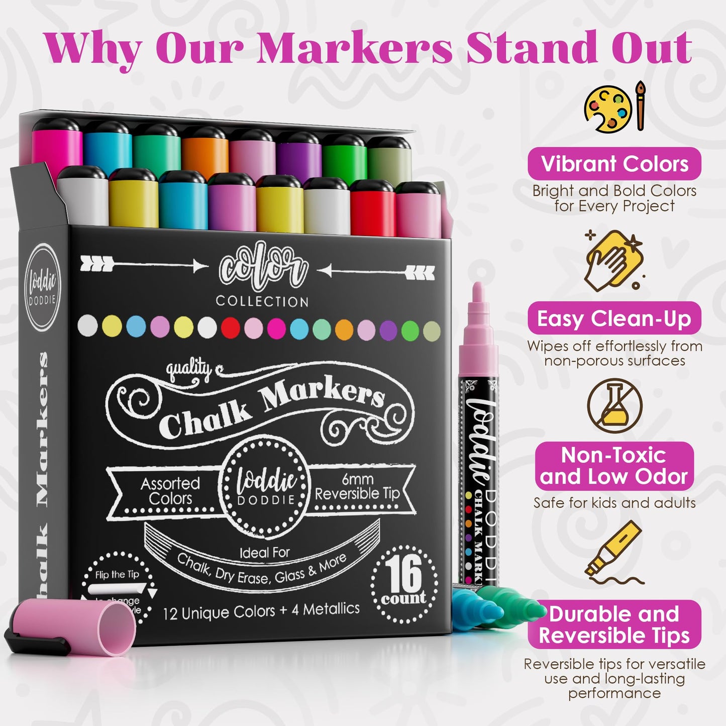 Loddie Doddie Chalk Markers - Pack of 16, Reversible 6mm Tips - Vibrant Chalkboard Designs with Chalkboard Markers - Easy Erase on Glass & Whiteboards with Dry Erase Pen