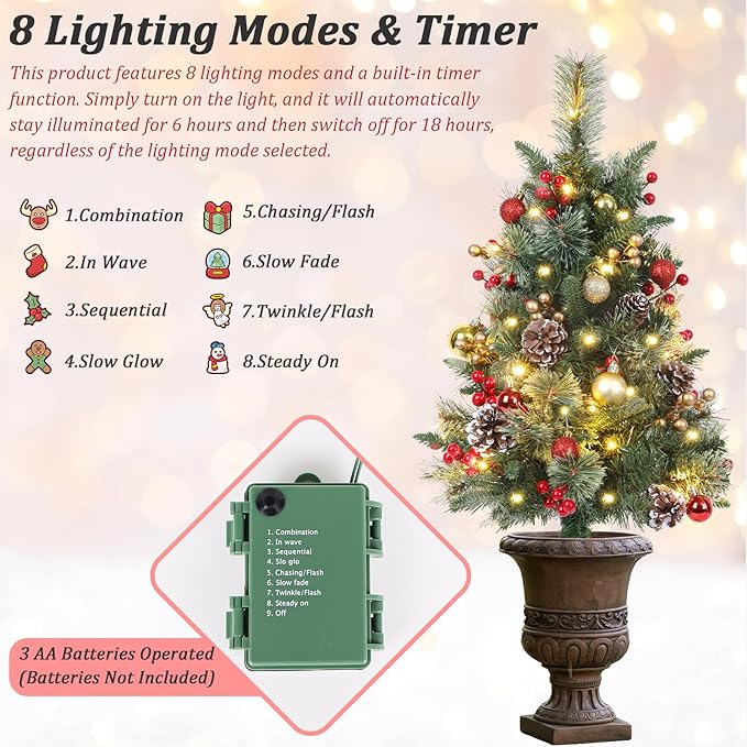 Set of 2 Outdoor Pathway Christmas Trees, 30in Artificial Xmas Tree with 35 LED Lights, 8 Lighting Modes & Timer, Red & Gold Berries, Ball Ornaments, Holiday Décor for Driveway, Porch, Yard