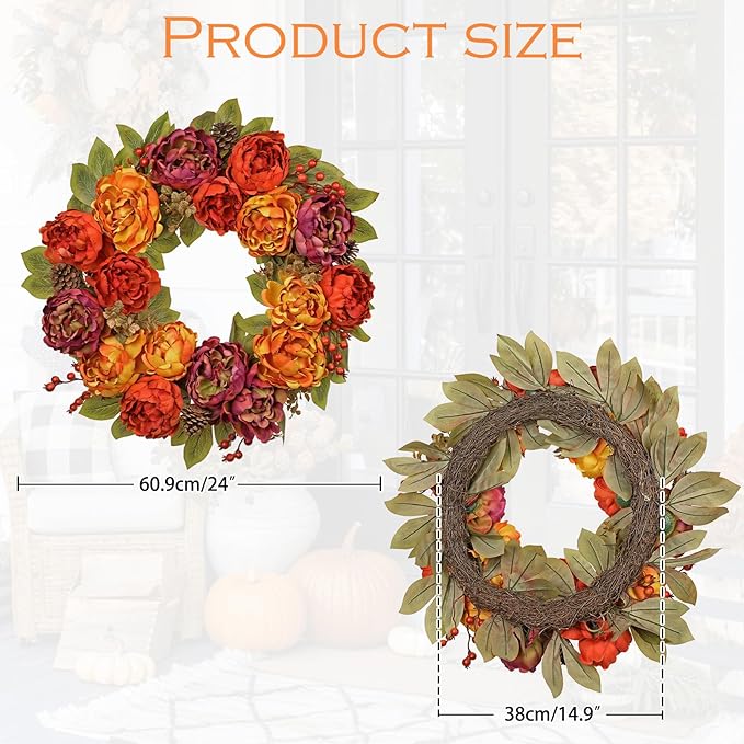 Artificial Fall Wreath for Front Door – 24 Inch Peony & Mixed Floral Wreath with Maple Leaves & Berries, Rustic Autumn Wall Décor