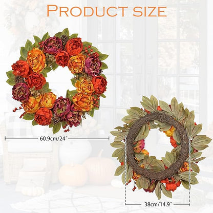 Artificial Fall Wreath for Front Door – 24 Inch Peony & Mixed Floral Wreath with Maple Leaves & Berries, Rustic Autumn Wall Décor