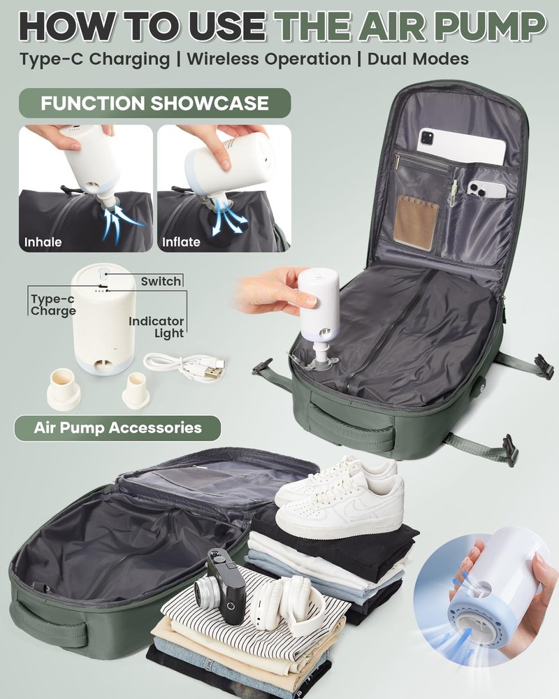Vacuum Backpack Travel Compression Bags with Air Pump for Carry On Luggage Seal Backpack for Men Waterproof 18x14x8 inches Personal Item Travel Bag with Vacuum Compression for Women - Green