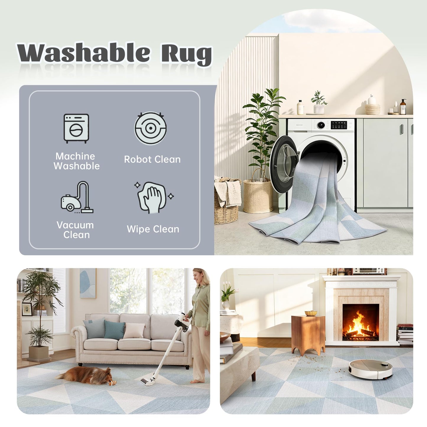 Washable Rug 6x9 Area Rugs: Modern Geometric Area Rug for Living Room Non-Slip Neutral Soft Carpet Low Pile Stain Resistant Indoor Rugs for Bedroom Nursery Dining Room Office (Light Blue, 6'X9')