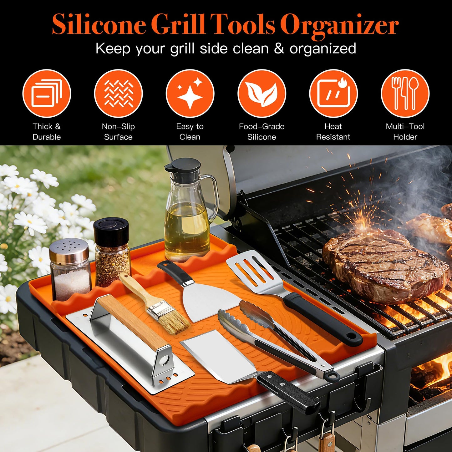 Silicone Grill Mat for Blackstone - BBQ Griddle Tools Side Mat with Drip Pad, Griddle Tools Mat for Outdoor Kitchen Countertop, BBQ Grill Accessories Gifts for Men (Orange)