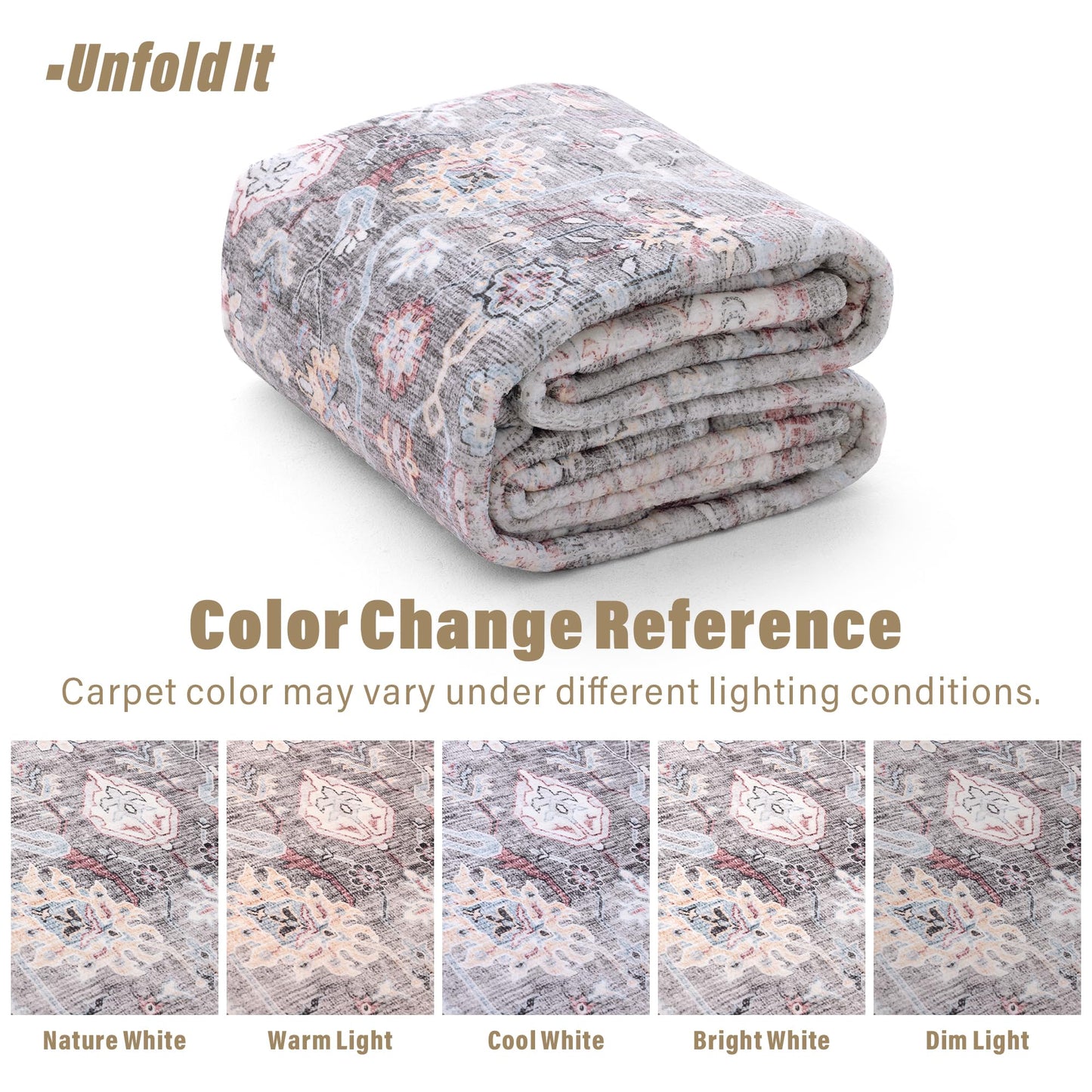 Carvapet 5x7 Area Rug - Gray Pink Vintage Floral Traditional Rectangular Carpet Low Pile, Non Slip Rubber Backing Machine Washable Rugs for Living Room Bedroom