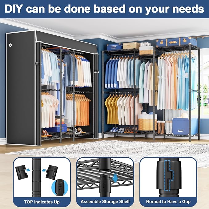 Ulif E12C Heavy Duty Closet Organizer System，Freestanding Clothing Rack, Adjustable Garment Rack 57.1" W x 16" D x 76.5" H Holds 860 lbs, Black Clothing Rack with Black Dustproof Cover