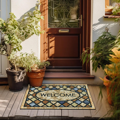 CHICHIC Blue Welcome Door Mat 17x 30 Inch Front Doormat Outdoors for Home Entrance Outdoors Mat for Outside Entry Way Doormat Entry Rugs, Heavy Duty Non Slip Rubber Back Low Profile
