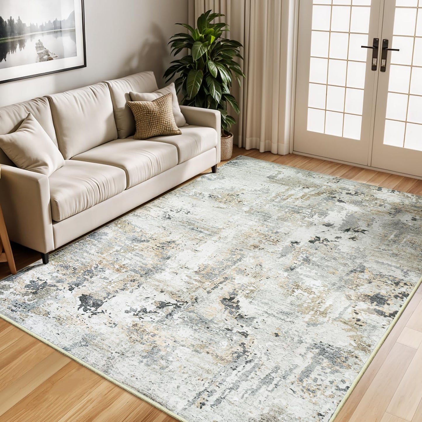Carpelux 5x7 Area Rugs, Neutral Machine Washable Rugs for Living Room, Abstract Modern Soft Non-Slip Thin Print Floor Carpet for Bedroom Kids Room, Brown/Grey