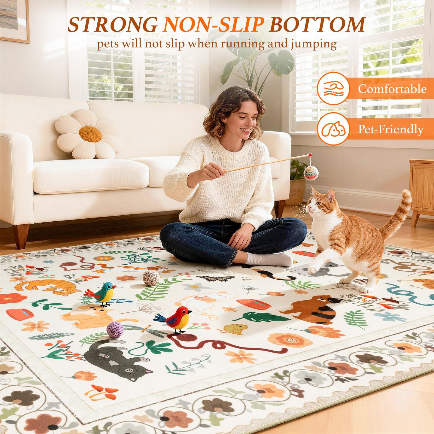LIANLAM 5x7 Cat Lover's Area Rug, Washable Large Rug with Artistic Feline Design for Living Room & Bedroom, Pet Friendly Non-Slip Soft Carpet, Stain Resistant & Easy Clean(5x7,Beige)