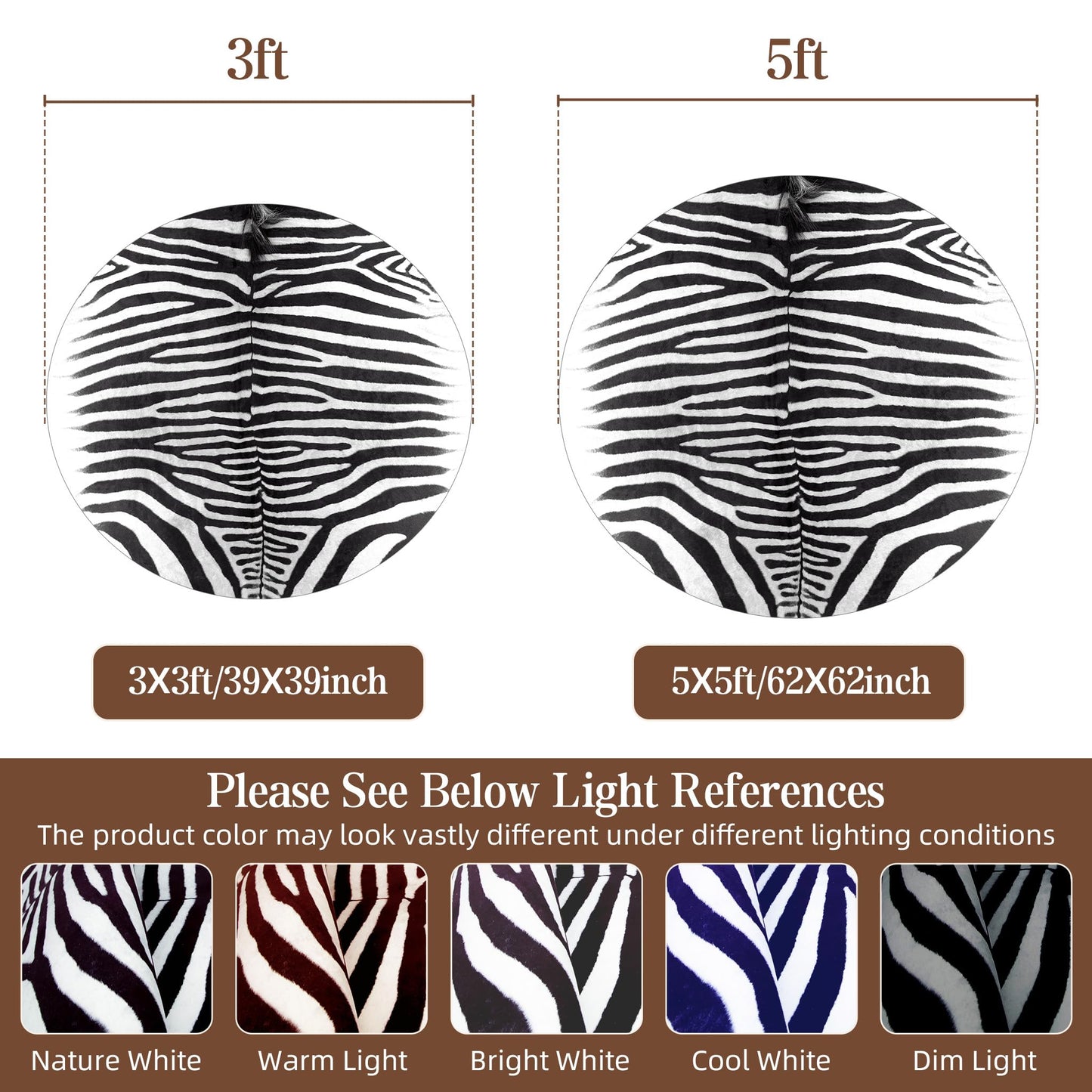 Kelilaicow Classic Zebra Print Faux Cowhide Round Rug, 5x5 ft Ultra-Thin Washable Non-Slip Circle Mat for Living Room, Bedroom, Easy-Clean & Pet-Friendly
